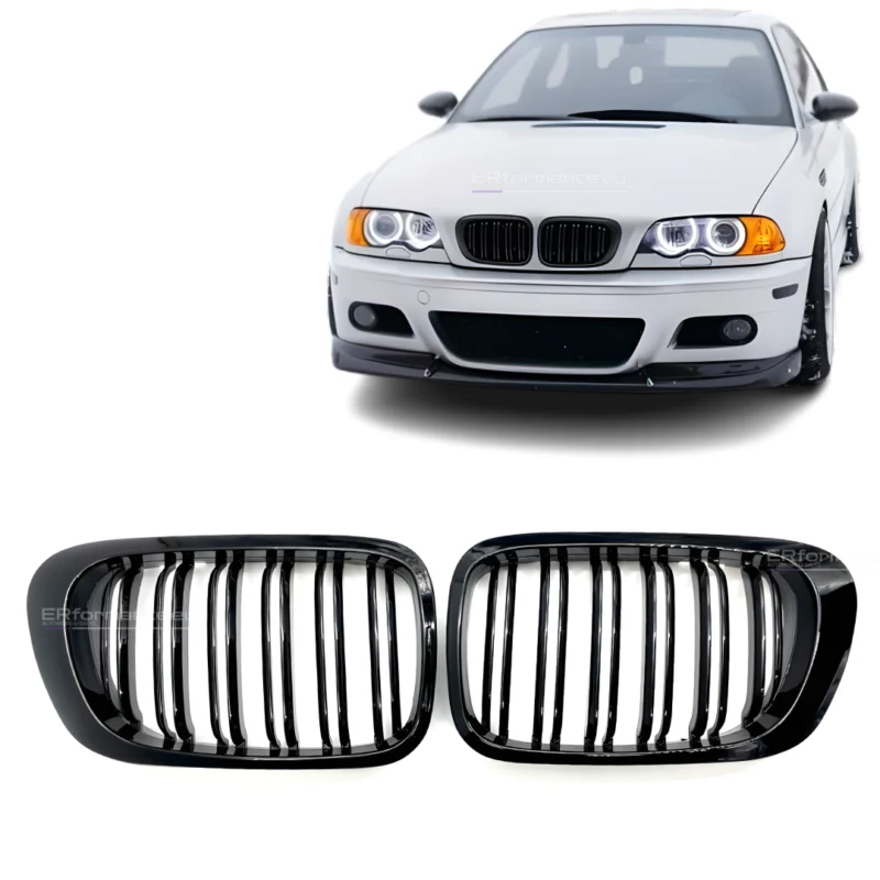 bmw e46 coupe pre lci dvigubos grotelės juodos blizgios pagrindinė