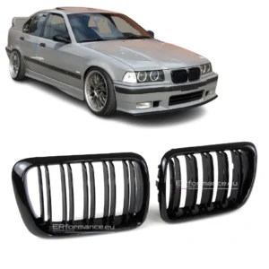 bmw e36 dvigubos grotelės lci modeliams juodos blizgios pagrindinė