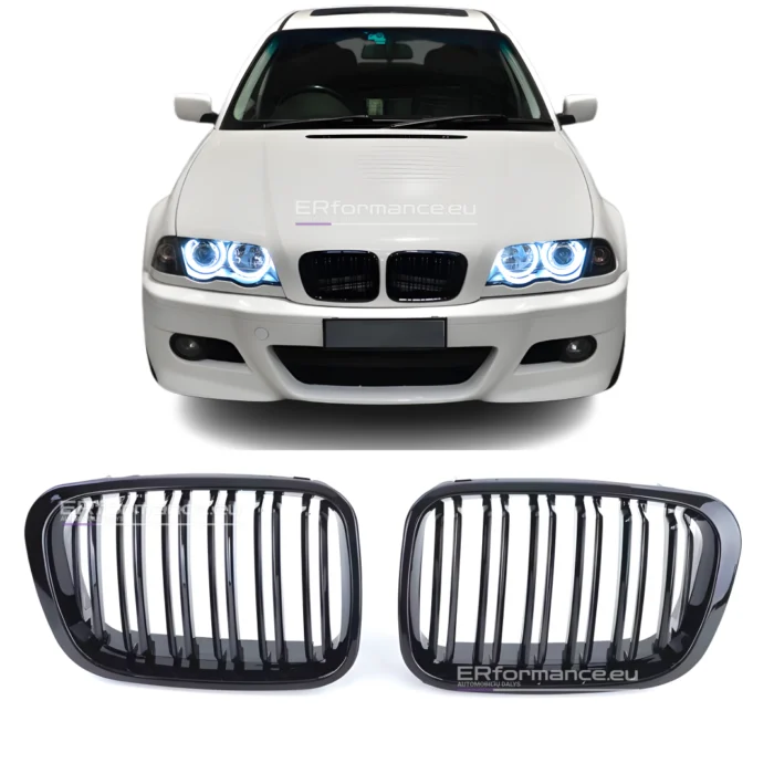 bmw e46 dvigubos grotelės pre lci sedanui universalui juodos blizgios pagrindinė