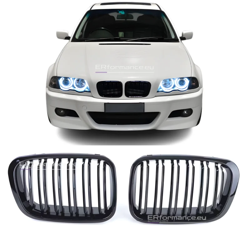 bmw e46 dvigubos grotelės pre lci sedanui universalui juodos blizgios pagrindinė