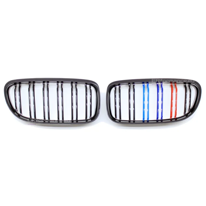 bmw e90 e91 lci dvigubos m stiliaus grotelės blizgios juodos 09-13 iš priekio